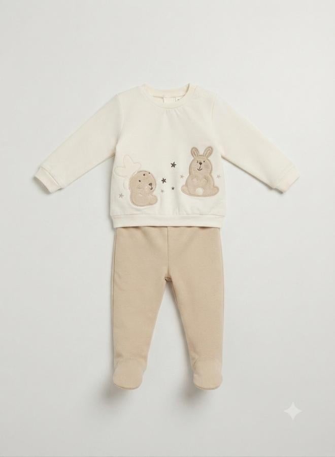 Bumber Baby 2-Piece Sweatshirt and Footed Trousers Set, Cream/Beige - Image 1