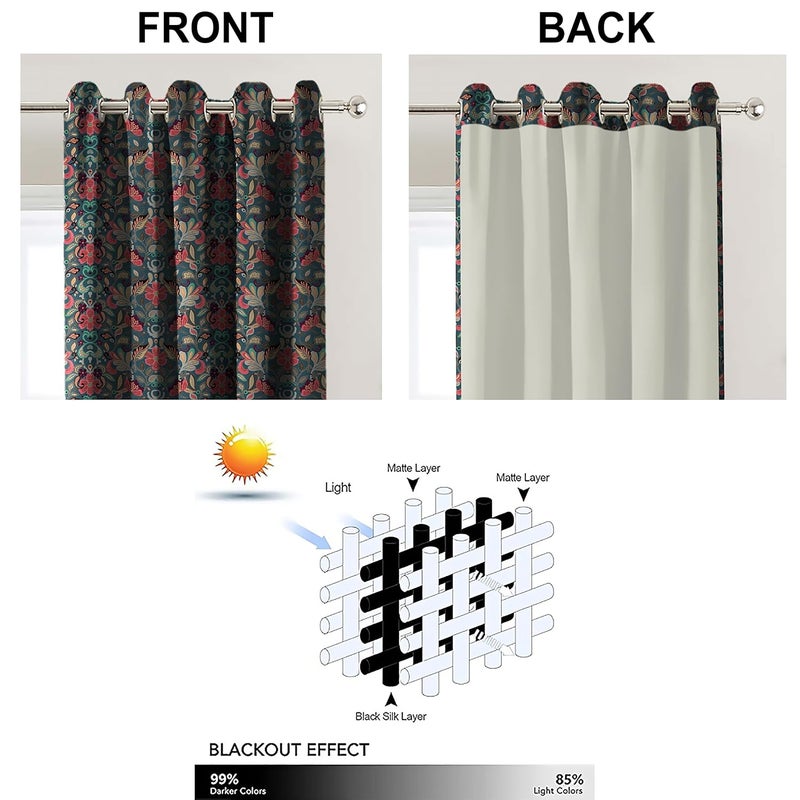 Casableu Baker Digital Floral Printed in Eyelets Steel Blackout Curtains with Tie Back Bedroom Living Room Pack of 2 Teal Red 7 feet - Image 3