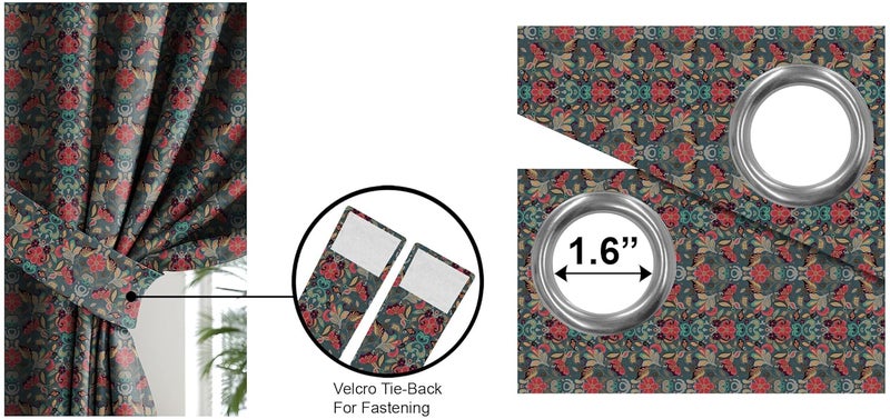 Casableu Baker Digital Floral Printed in Eyelets Steel Blackout Curtains with Tie Back Bedroom Living Room Pack of 2 Teal Red 7 feet - Image 4