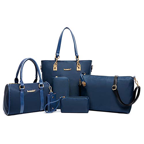 AlwaySky Nylon Women's Shoulder Bag 6 PCS Top-Handle Handbag Tote Purse Wallet Key Case Set (Blue) - Image 1