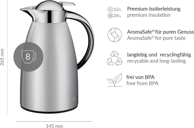 Alfi Signo 1.0 L, satin silver, stainless steel insulated jug with hygienic tempered glass insert, screw cap with comfortable push button, ergonomic handle, with one hand, ideal as a coffee pot, - Image 2