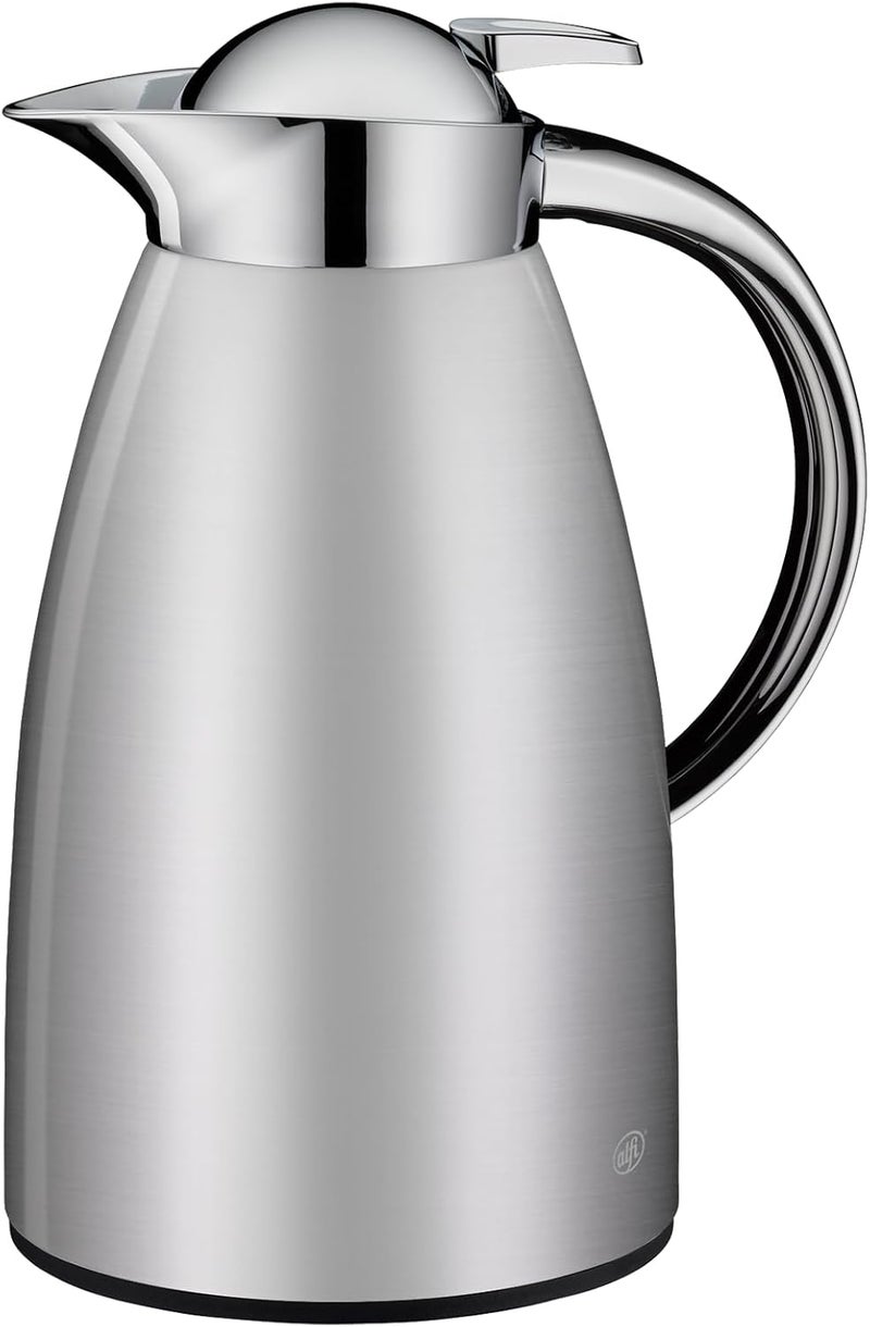 Alfi Signo 1.0 L, satin silver, stainless steel insulated jug with hygienic tempered glass insert, screw cap with comfortable push button, ergonomic handle, with one hand, ideal as a coffee pot, - Image 1