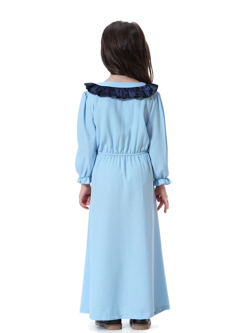 إسكدنيا Girl's V Neck Maxi Dress Sky Blue/Navy Blue  - Image 2