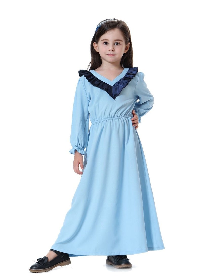 إسكدنيا Girl's V Neck Maxi Dress Sky Blue/Navy Blue  - Image 1
