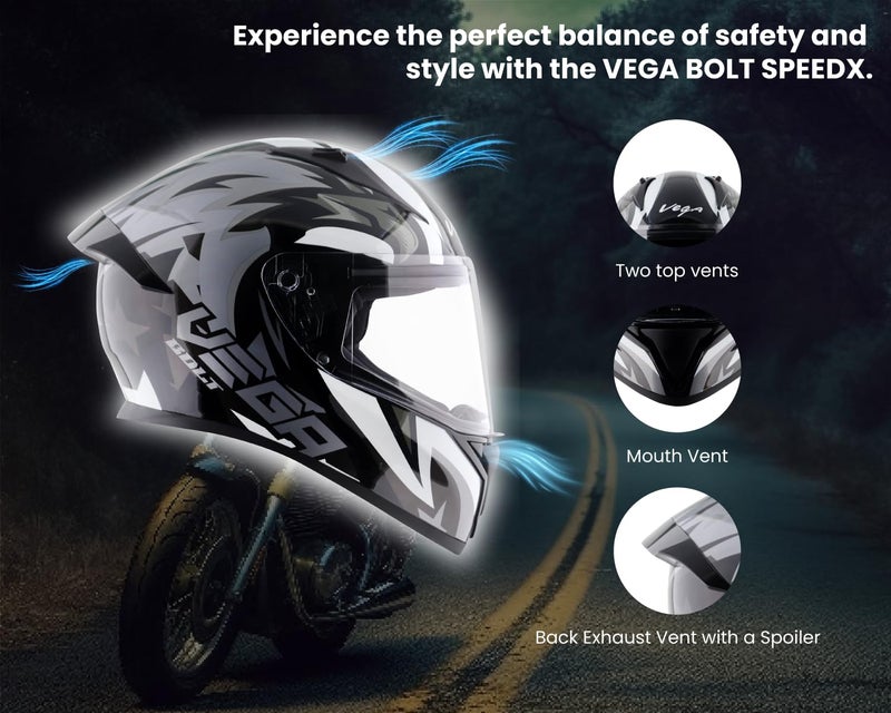 Vega Bolt Speedx Riding Helmet with Lightweight Shell, Comfortable Liner, Shock Absorbing Interior, Ventilated Design, Aerodynamic Build, and Modern Black Grey Styling Black Grey-M - Image 5