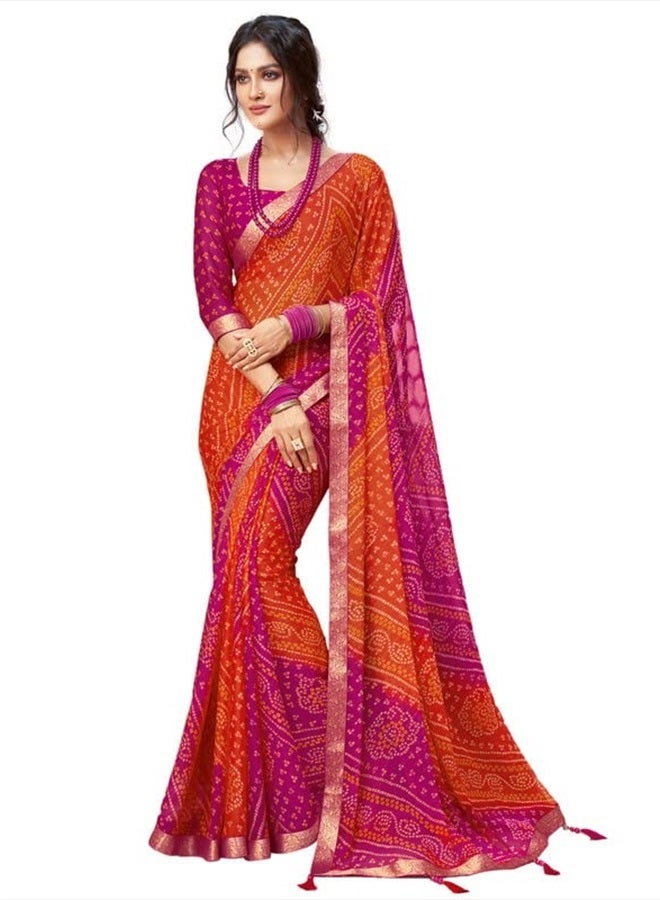 SIRIL Women's Bandhani Printed Chiffon Saree With Blouse(2612S2078_) 5.5 Meters Pink & Orange  - Image 1