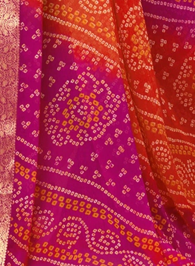 SIRIL Women's Bandhani Printed Chiffon Saree With Blouse(2612S2078_) 5.5 Meters Pink & Orange  - Image 5