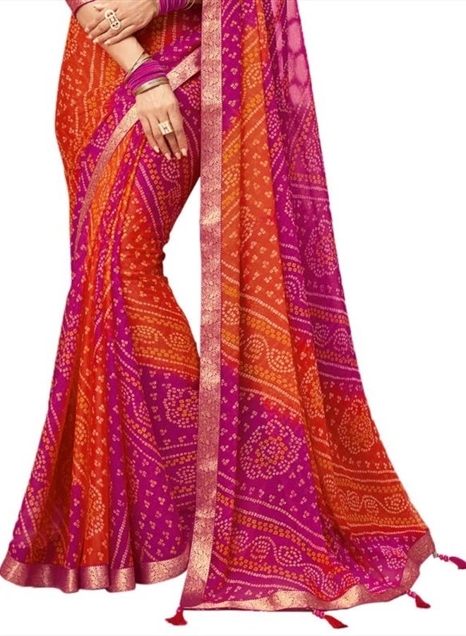 SIRIL Women's Bandhani Printed Chiffon Saree With Blouse(2612S2078_) 5.5 Meters Pink & Orange  - Image 3