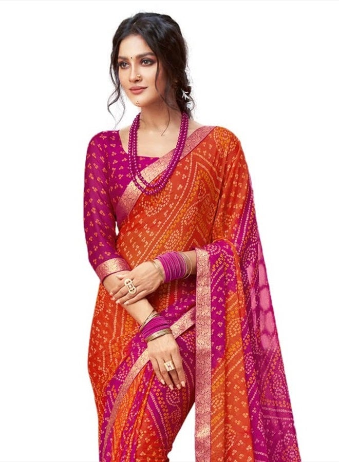 SIRIL Women's Bandhani Printed Chiffon Saree With Blouse(2612S2078_) 5.5 Meters Pink & Orange  - Image 2