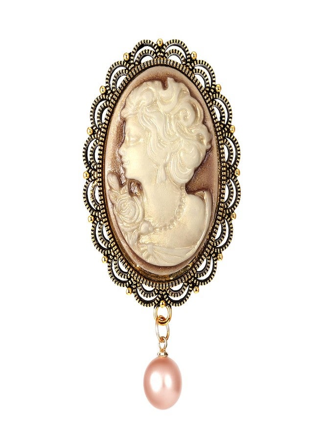 Macuezu Victorian Brooch Pin, Vintage Embossed Lady Portrait Pendant with Dangling Pearl, Lapel Scarf Dress Cloth Accessory, Party Banquet Jewelry - Image 1