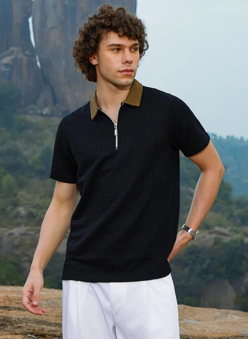 Campus Sutra Men's Midnight Black Oblique-Block Polo T-Shirt