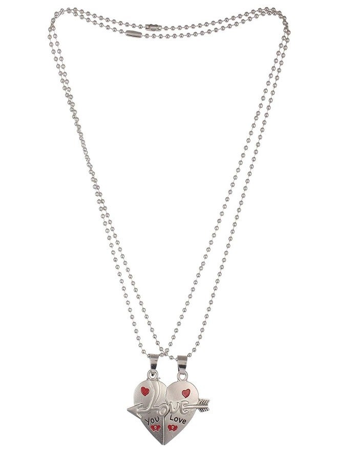 Bigwheels (Set Of 2 Pcs) Valentine's Day Special Metal Stainless Steel Love & You Broken Heart With Arrow Romantic Love Couple 2 In 1 Duo Locket Pendant Necklace With Chain For Boy's And Girl's - Image 2