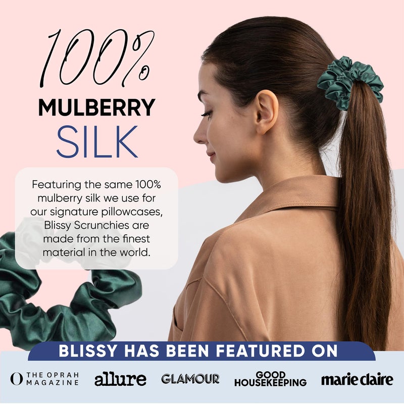 Blissy Silk Scrunchies (3 Pack) - 100% Pure Mulberry Silk - 22 Momme 6A High-Grade Fibers Scrunchie for Straight & Curly Hair (Emerald, Skinny) - Image 5