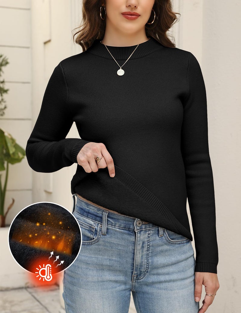 Gihuo Womens Fleece Sweaters Sherpa Lined Thermal Shirts Long Sleeve Warm Base Layer 2026 Knit Fall Sweaters(Black-M) - Image 2