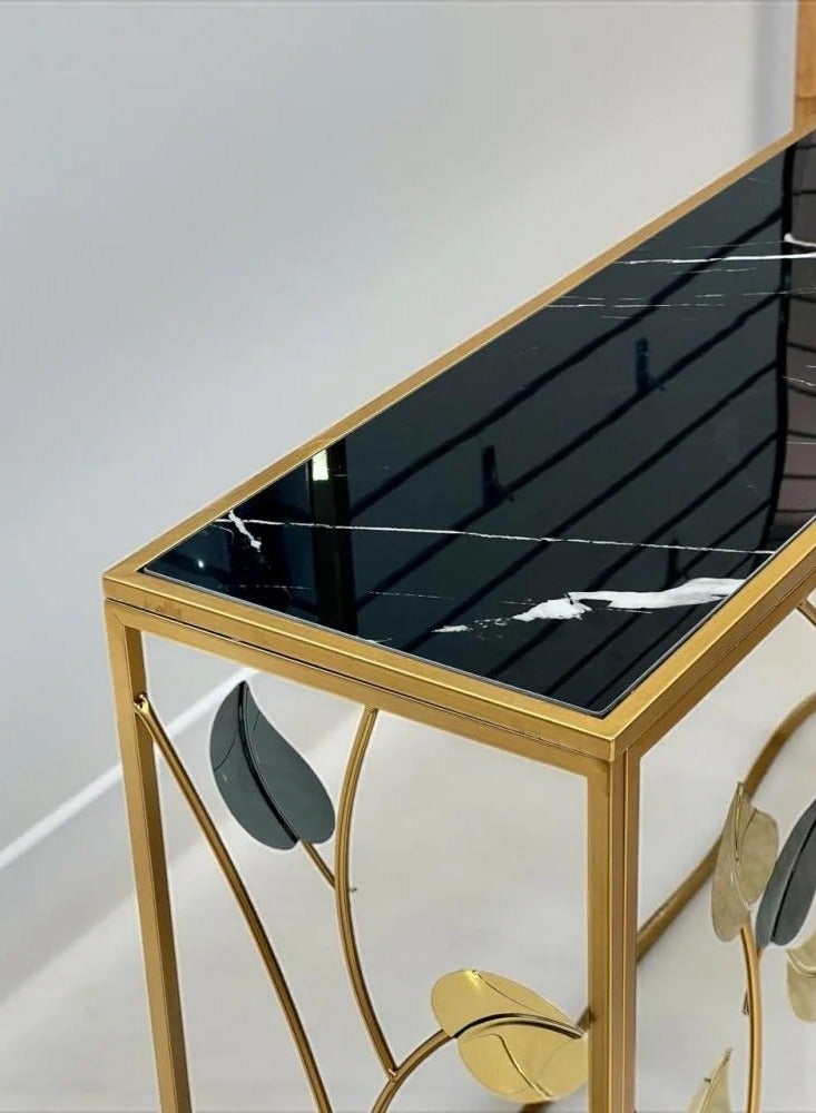 غرائب التحف  طاولة مدخل فاخرة بإطار ذهبي ونقشة أوراق مزدوجة – تصميم أنيق ولمسة فنية - Image 4