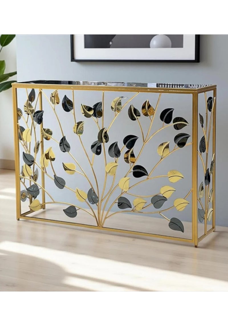 غرائب التحف  طاولة مدخل فاخرة بإطار ذهبي ونقشة أوراق مزدوجة – تصميم أنيق ولمسة فنية - Image 2