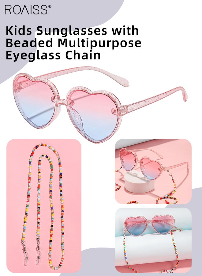 roaiss Heart Shaped Sunglasses for Kids with Colorful Beaded Glasses Chain, UV400 Protection Cute Beach Holiday Sun Glasses with Lightweight Frame for Boys Girls and Children Age 3-12, Transparent Pink  - Image 1
