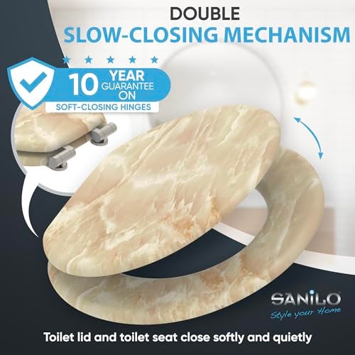 SANILO Wooden Toilet Seat with Soft Close [ROUND] - Decorative, Quiet & Slow Close Molded Wood Seat - With Strong Bumpers & Hinges - Adjustable Fit – Marble Nature - Image 3