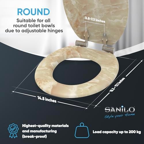 SANILO Wooden Toilet Seat with Soft Close [ROUND] - Decorative, Quiet & Slow Close Molded Wood Seat - With Strong Bumpers & Hinges - Adjustable Fit – Marble Nature - Image 4