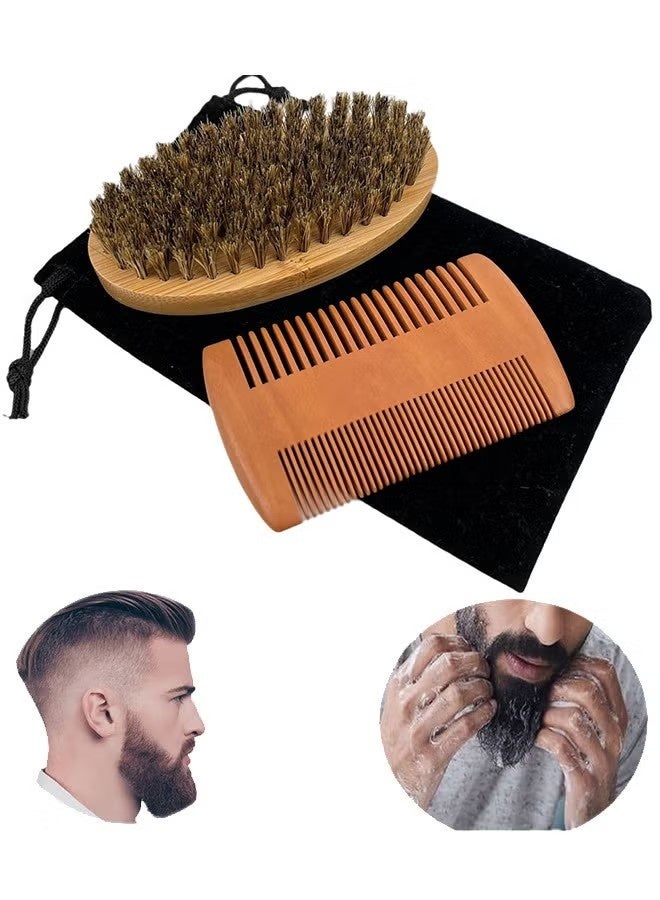 طقم مكون من قطعتين: فرشاة لحية خشبية ومشط للحية، يتضمن فرشاة بشعيرات خنزير ناعمة، ومشط من الخيزران ذو أسنان واسعة، لتمليس وتنعيم اللحية، مشط من الخيزران مزدوج الحركة - Image 1
