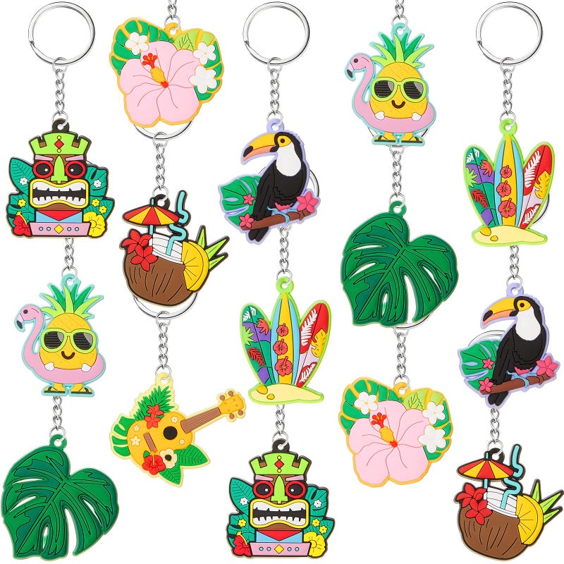 Highergo 32 Pcs Hawaiian Luau Party Keychain Tropical Flamingo Pineapple Surfboard Key Ring Aloha Beach Pool Party Favors Supplies for Hawaiian Holiday Gifts