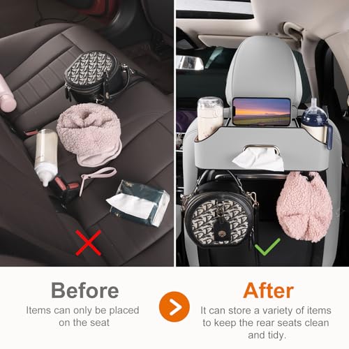 Sancaral Car Rear Backseat Extra Multifunctional Drink Cup Holder Organizers with Tissue Storage Box Organizer & Hooks for Car Seat Back (Gray) - Image 2
