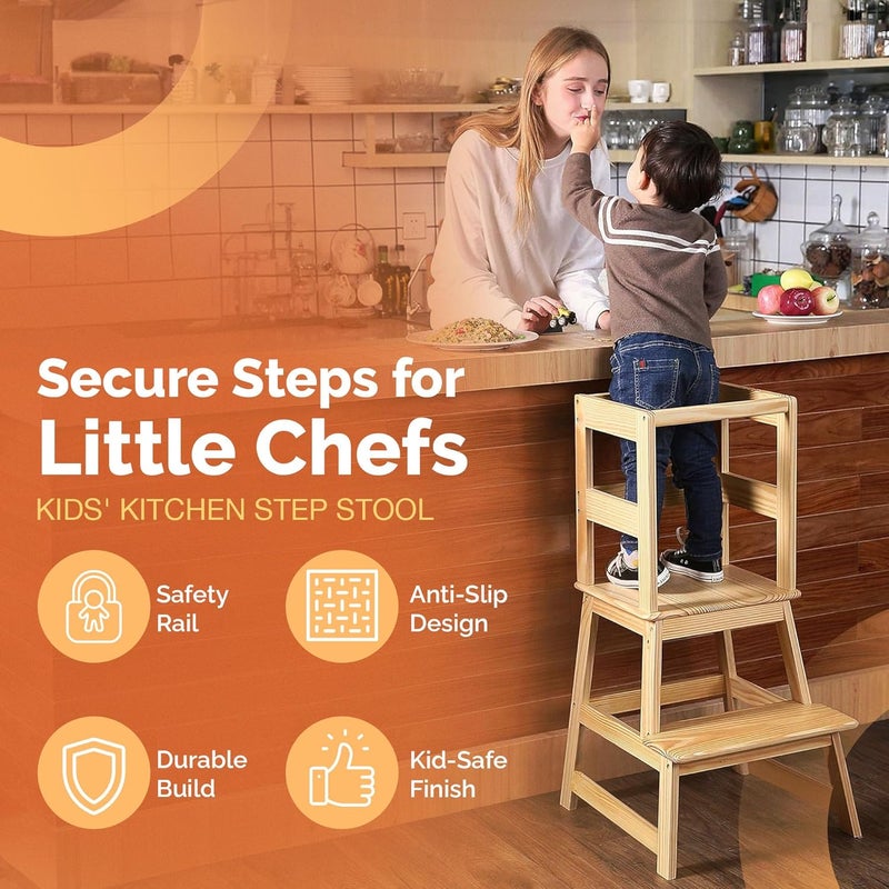 SDADI Kids Kitchen Step Stool with Safety Rail, 150lb Capacity, for 18-36 Months Old, Natural - Image 2