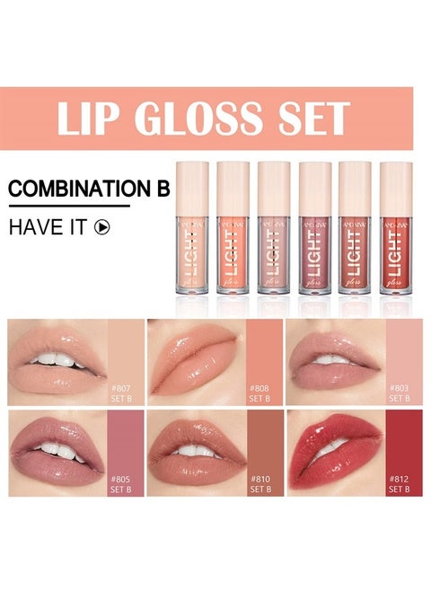 Light Lipgloss 6PCS Lip Gloss Set,Nude Pink Lip Gloss Kit Shine Glossy and Moisturizing,Lip Plumping Lip Gloss Pack Bulk Liquid Lipstick for Women Girls-Set B