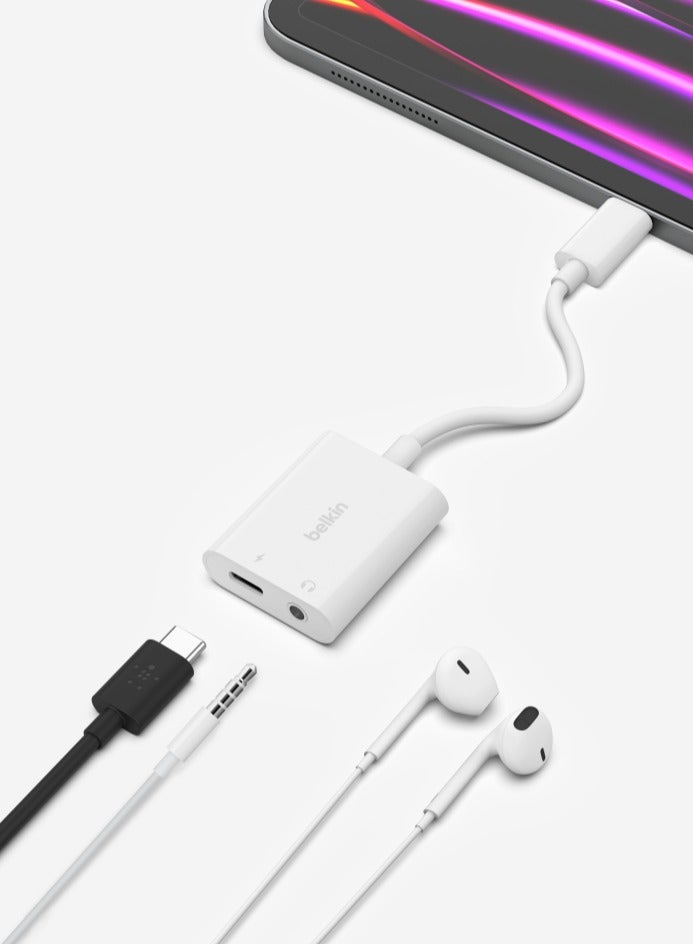 belkin RockStar 3.5mm Audio + USB-C Charge Adapter | Charge and Listen, 4" Tethered Cable, 60W Pass-through Charging, High Resolution Audio Quality, Wide Compatibility - White white - Image 3