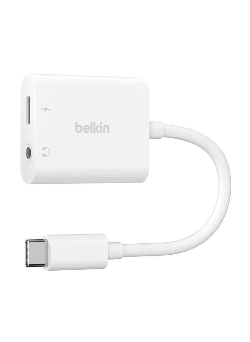 belkin RockStar 3.5mm Audio + USB-C Charge Adapter | Charge and Listen, 4" Tethered Cable, 60W Pass-through Charging, High Resolution Audio Quality, Wide Compatibility - White white - Image 1