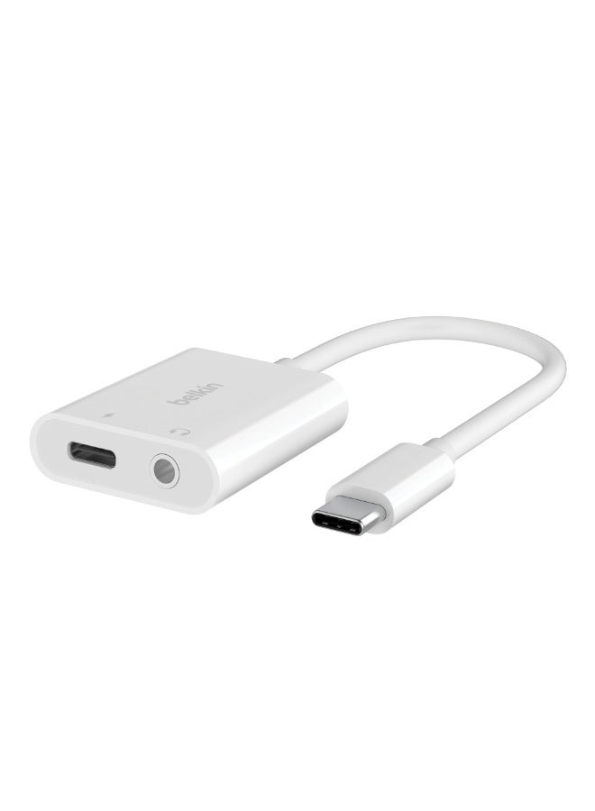 belkin RockStar 3.5mm Audio + USB-C Charge Adapter | Charge and Listen, 4" Tethered Cable, 60W Pass-through Charging, High Resolution Audio Quality, Wide Compatibility - White white - Image 2