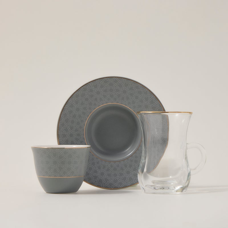 دلتي زخرف طقم أكواب شاي وفناجين قهوة سعودية رمادي 28 قطعة - Image 2