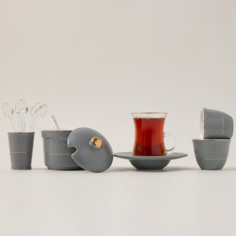 دلتي زخرف طقم أكواب شاي وفناجين قهوة سعودية رمادي 28 قطعة - Image 1