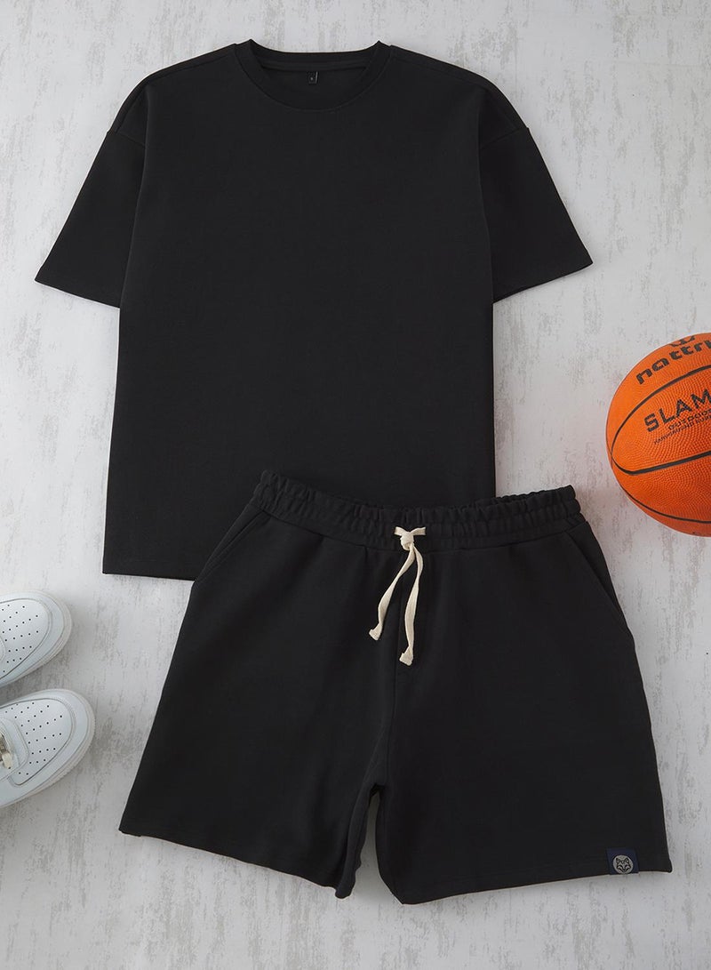 trendyol Black Oversized Thick 100% Cotton Tshirt Shorts 2-Piece Tracksuit Set Tmnss25Em00007 - Image 4