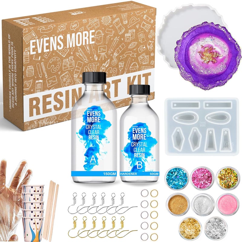 EVENS MORE DIY Resin Earring Coaster Making Kit 200g Crystal Clear Resin Set with Silicone Molds Glitter Foil Mica Powder Jewelry Accessories