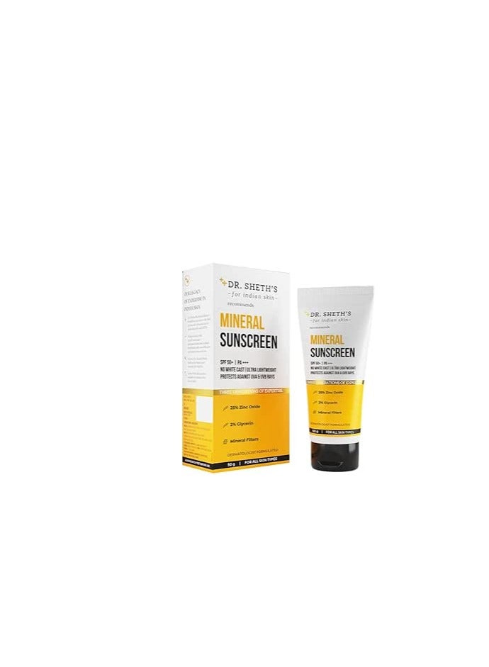 Dr. Sheth's Mineral Sunscreen SPF 50 PA+++ | Water Proof Sunscreen | No White Cast | Quick-absorbing | Ultra Lightweight & Non-sticky | 25% Zinc Oxide | for All Skin Types | for Women & Men | 50g
