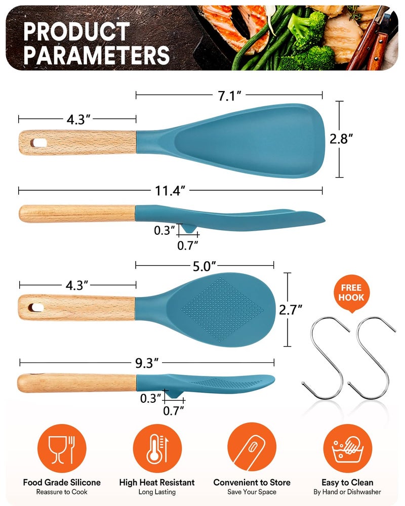 Badiano Cooking Spoon and Rice Scooper for Nonstick Cookwares, Great for Cooking and Serving Sturdy BPA-Free Matte Silicone, Wood Handle Spoon for Mixing, Scoop, and Scrape, Turquoise - Image 2