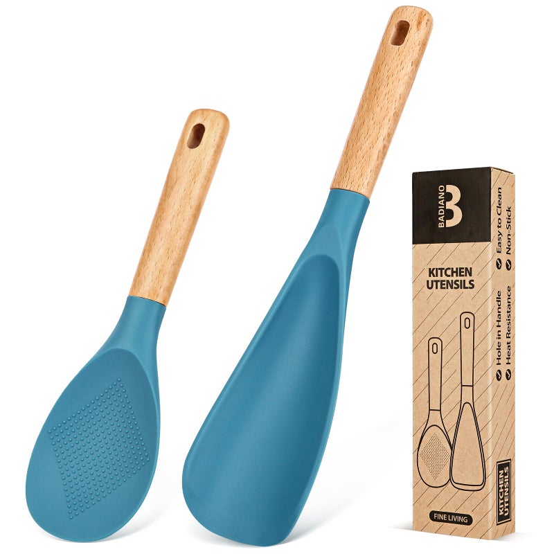 Badiano Cooking Spoon and Rice Scooper for Nonstick Cookwares, Great for Cooking and Serving Sturdy BPA-Free Matte Silicone, Wood Handle Spoon for Mixing, Scoop, and Scrape, Turquoise - Image 1