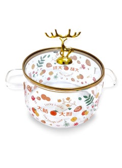 A thermal glass cooking pot placed directly on the fire with a heat-insulating lid handle in the shape of a golden deer. A healthy thermal prosilica glass cooking pot with a distinctive golden touch.