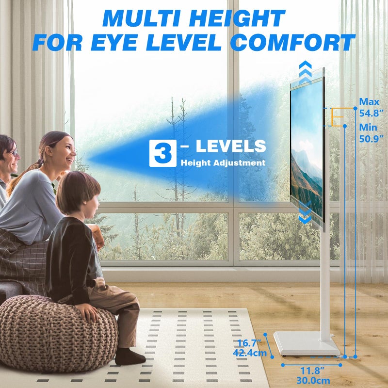 Rfiver Swivel Floor TV Stand with Mount for 28-60 inch TVs up to 88 lbs, Height Adjustable Tall TV Stand with Wood Base, Saving Space Design for Bedroom, Living Room and Corner, White - Image 2