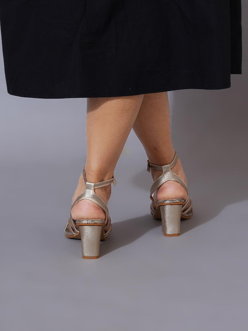 NZS Women’s Golden Block Heel Slip-On Sandals – Stylish Comfortable Heel Party Footwear Heels with Ankle Strap Design EU41 - Image 4