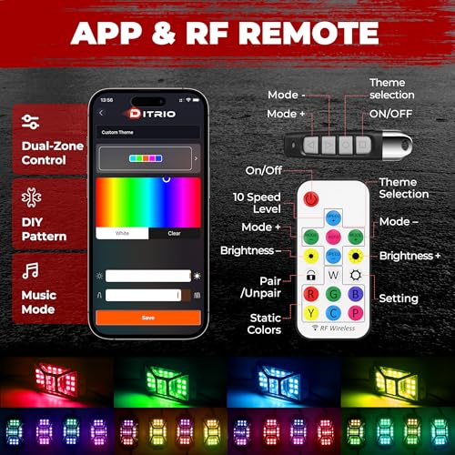 DITRIO 6 Pods Five Sided RGB Rock Lights for Trucks Jeep UTV SUV ATV Golf Cart, Multi Chasing Color App/Remote Control Led Rock Lights with Music Mode, Waterproof Exterior Underglow Kits for Cars - Image 2