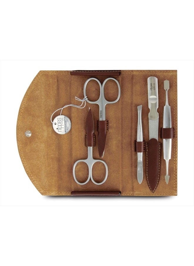 Nippes Solingen Manicure Set, 5-Piece, Stainless Steel and Nickel Free, Genuine Brown Cowhide Leather Case  - Image 1