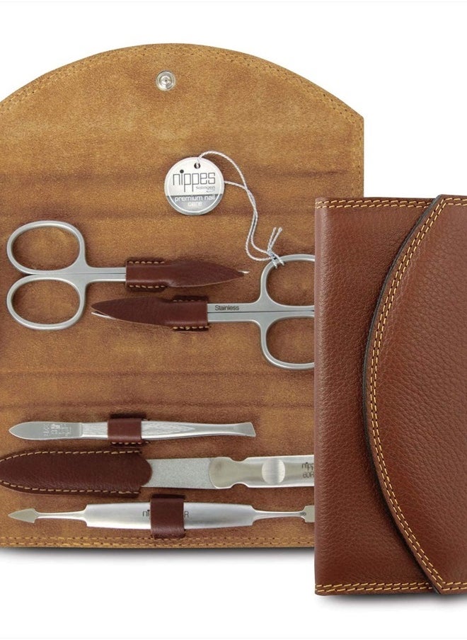 Nippes Solingen Manicure Set, 5-Piece, Stainless Steel and Nickel Free, Genuine Brown Cowhide Leather Case  - Image 3