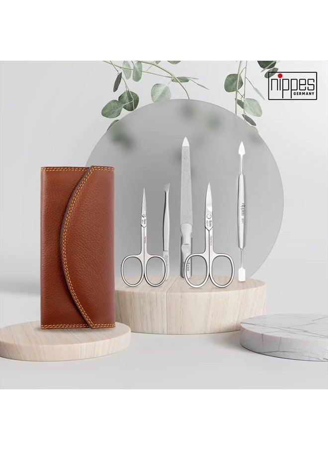 Nippes Solingen Manicure Set, 5-Piece, Stainless Steel and Nickel Free, Genuine Brown Cowhide Leather Case  - Image 2