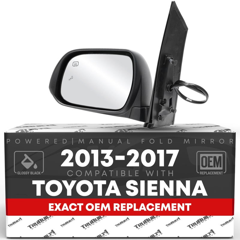 T1A Driver Side Mirror Replacement - Compatible with 2013-2017 Toyota Sienna - Powered Adjustment, Heated, Manual Fold, Flat Glass - Smooth Black, 6H6P - OEM 87940-08113, TO1320301 - Image 1