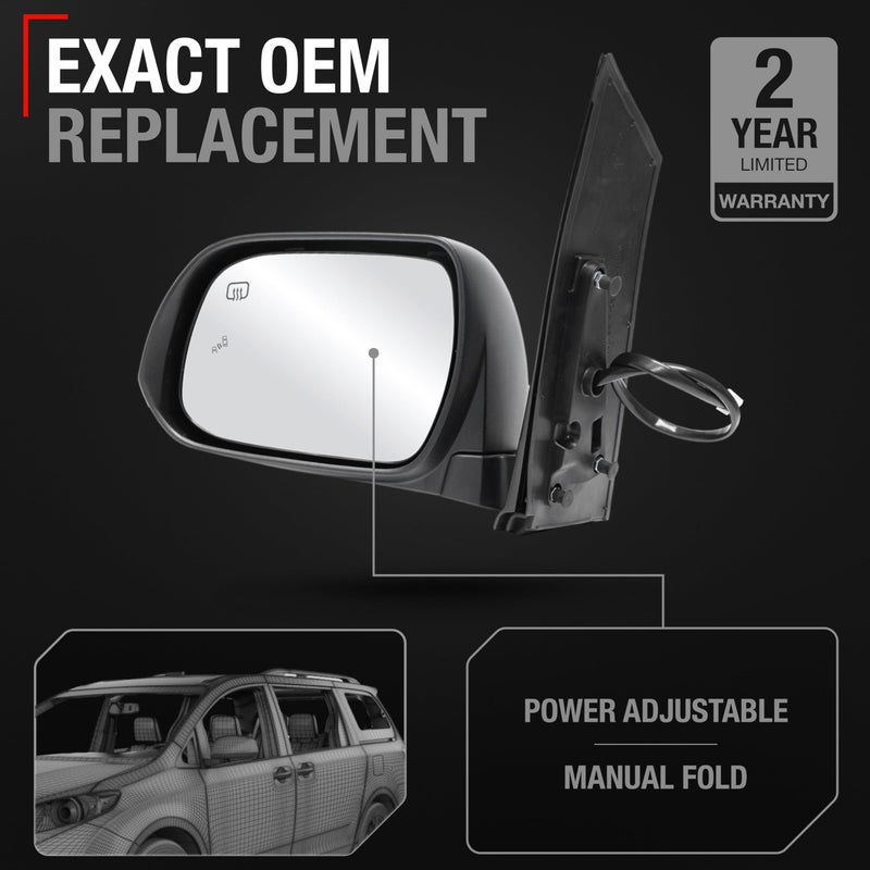 T1A Driver Side Mirror Replacement - Compatible with 2013-2017 Toyota Sienna - Powered Adjustment, Heated, Manual Fold, Flat Glass - Smooth Black, 6H6P - OEM 87940-08113, TO1320301 - Image 2