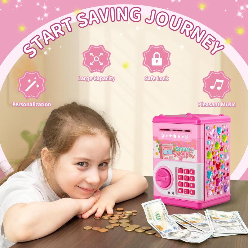 STOPKLAS Piggy Bank for Kids, Electronic Mini ATM Bank with Password for Boys Girls, Money Saving Box with Auto Grab Bill Slot, Cash Coin Can Money Safe Toy, Birthday for Age 3-12, Pink - Image 2