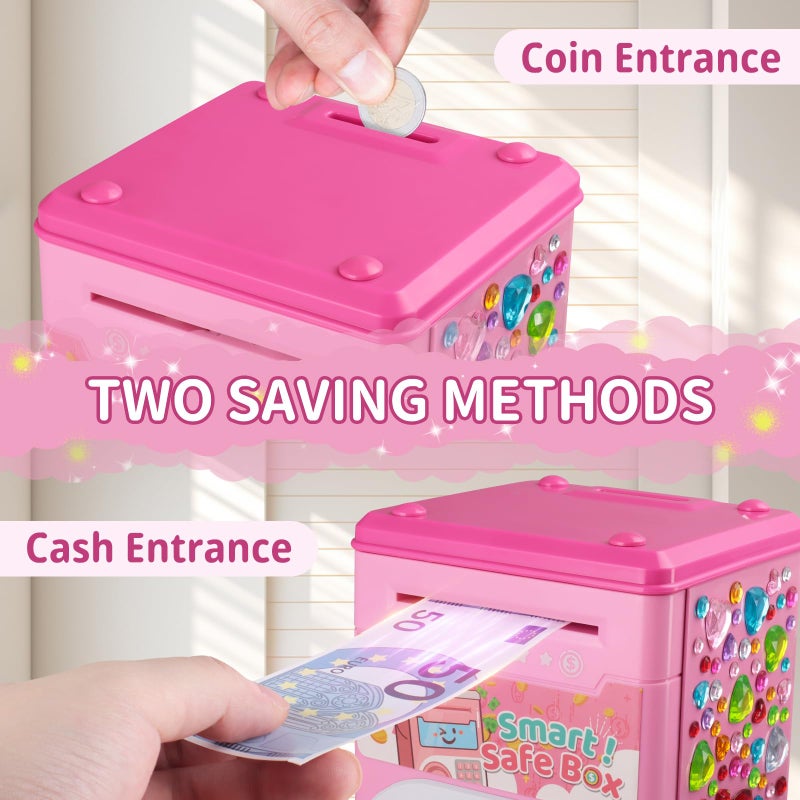 STOPKLAS Piggy Bank for Kids, Electronic Mini ATM Bank with Password for Boys Girls, Money Saving Box with Auto Grab Bill Slot, Cash Coin Can Money Safe Toy, Birthday for Age 3-12, Pink - Image 5
