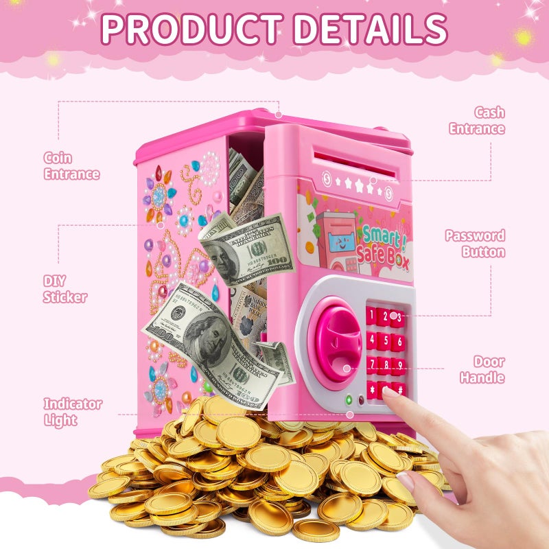 STOPKLAS Piggy Bank for Kids, Electronic Mini ATM Bank with Password for Boys Girls, Money Saving Box with Auto Grab Bill Slot, Cash Coin Can Money Safe Toy, Birthday for Age 3-12, Pink - Image 4